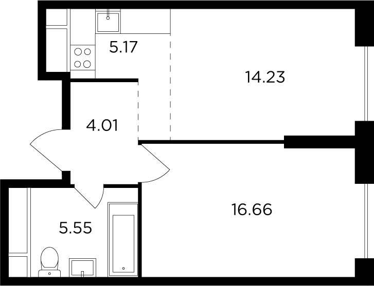 2-комнатная квартира без отделки, 45.62 м2, 30 этаж, дом сдан, ЖК КутузовGRAD 2, корпус 6 - объявление 2317462 - фото №1