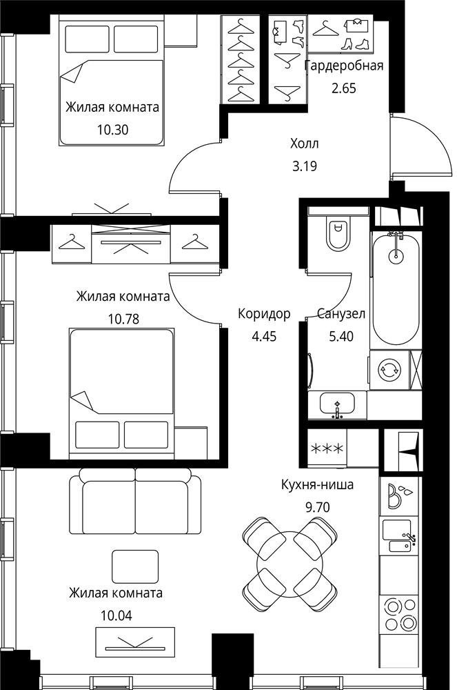 2-комнатная квартира с частичной отделкой, 56.51 м2, 2 этаж, сдача 3 квартал 2026 г., ЖК City Bay, корпус North Ocean 1 - объявление 2332336 - фото №1