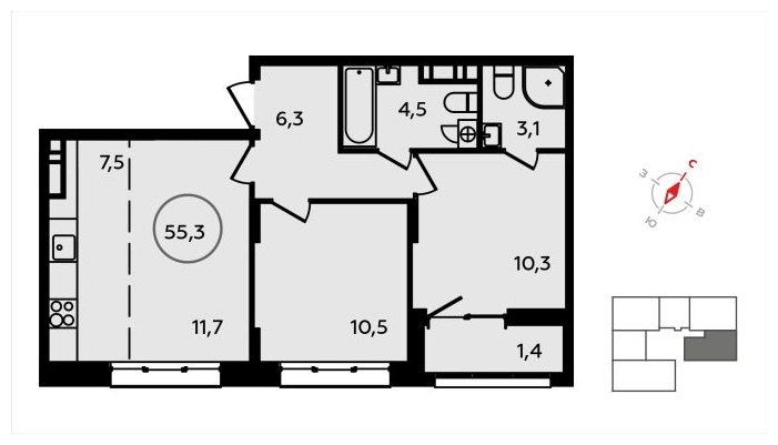 3-комнатная квартира (евро) без отделки, 55.3 м2, 9 этаж, сдача 3 квартал 2024 г., ЖК Скандинавия, корпус 22.2 - объявление 1625389 - фото №1