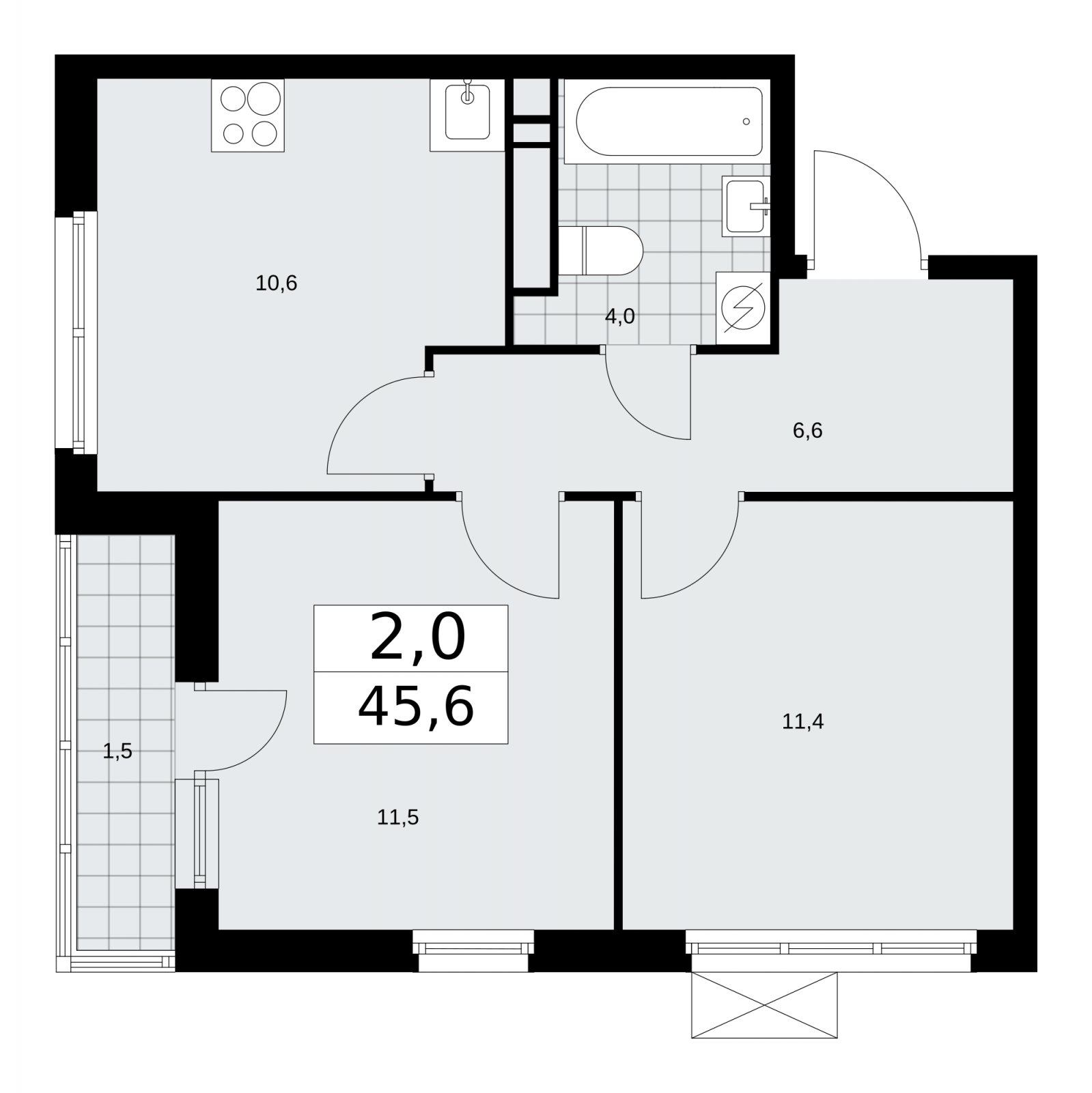2-комнатная квартира с частичной отделкой, 45.6 м2, 11 этаж, сдача 1 квартал 2026 г., ЖК Скандинавия, корпус 37.1.2 - объявление 2216414 - фото №1