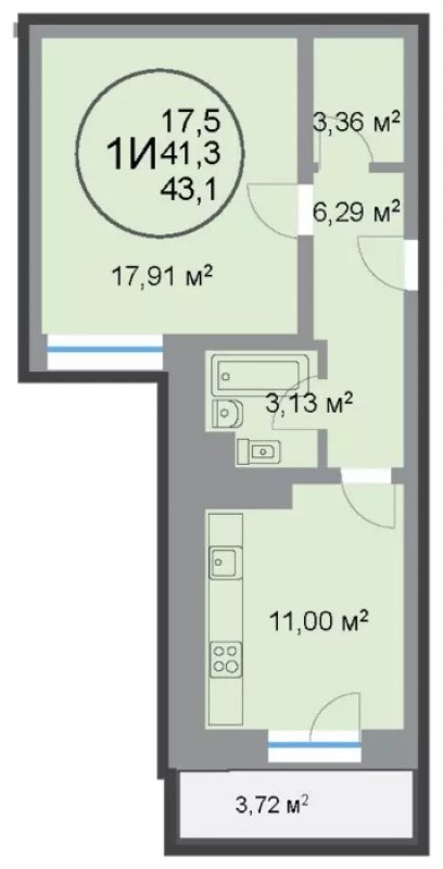 1-комнатная квартира 43.16 м2, 2 этаж, дом сдан, ЖК 28 микрорайон, корпус 2 - объявление 1349044 - фото №1
