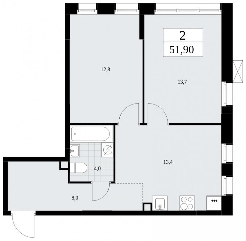 2-комнатная квартира без отделки, 51.9 м2, 2 этаж, сдача 1 квартал 2025 г., ЖК Дзен-кварталы, корпус 1.3 - объявление 1895809 - фото №1