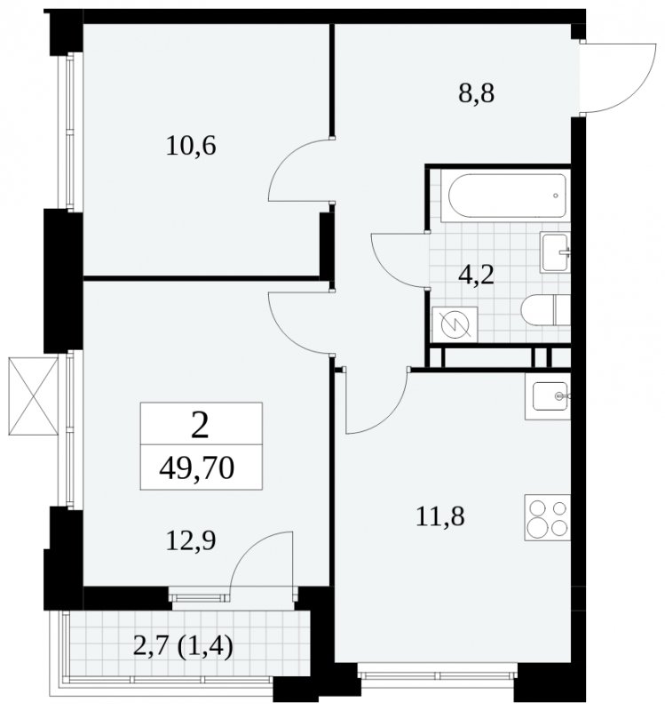 2-комнатная квартира с частичной отделкой, 49.7 м2, 10 этаж, сдача 4 квартал 2024 г., ЖК Скандинавия, корпус 2.27.4 - объявление 1840752 - фото №1
