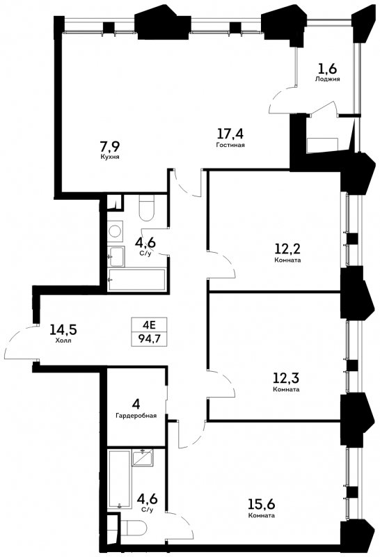 4-комнатная квартира 94.7 м2, 16 этаж, сдача 4 квартал 2022 г., ЖК Квартал на набережной NOW, корпус 1.2 - объявление 1753366 - фото №1