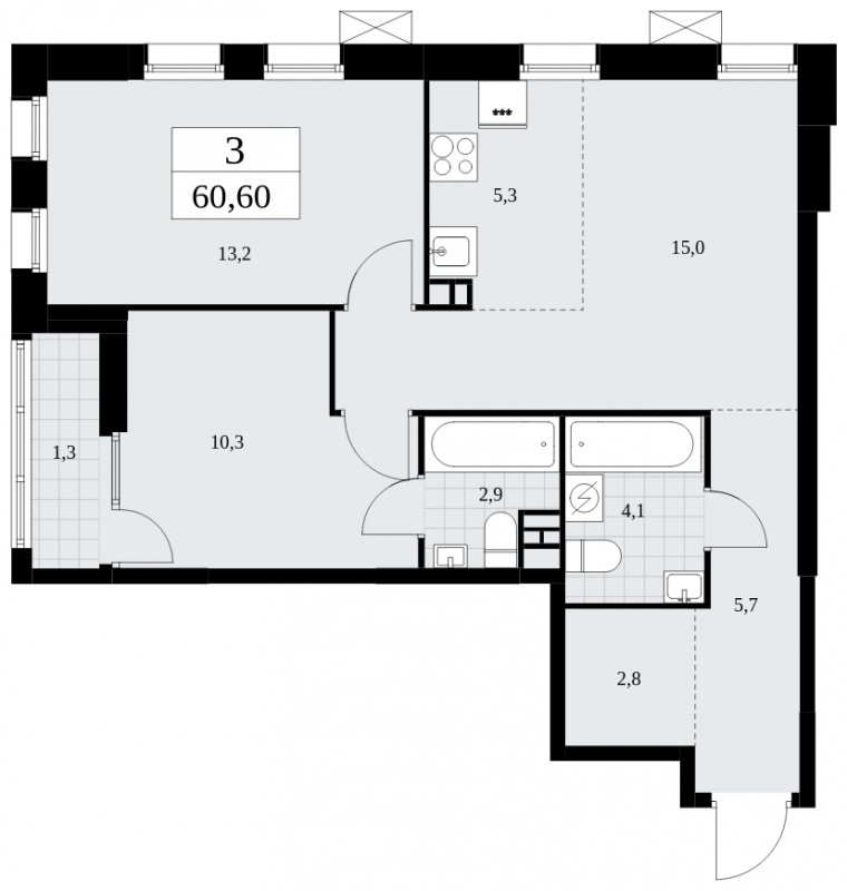 3-комнатная квартира (евро) без отделки, 60.6 м2, 3 этаж, сдача 1 квартал 2025 г., ЖК Дзен-кварталы, корпус 1.3 - объявление 1895817 - фото №1