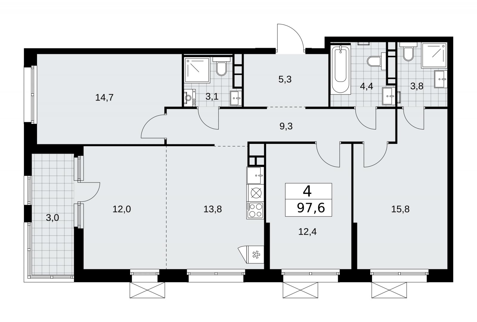 4-комнатная квартира (евро) без отделки, 97.6 м2, 12 этаж, сдача 2 квартал 2026 г., ЖК Скандинавия, корпус 25.7 - объявление 2284375 - фото №1