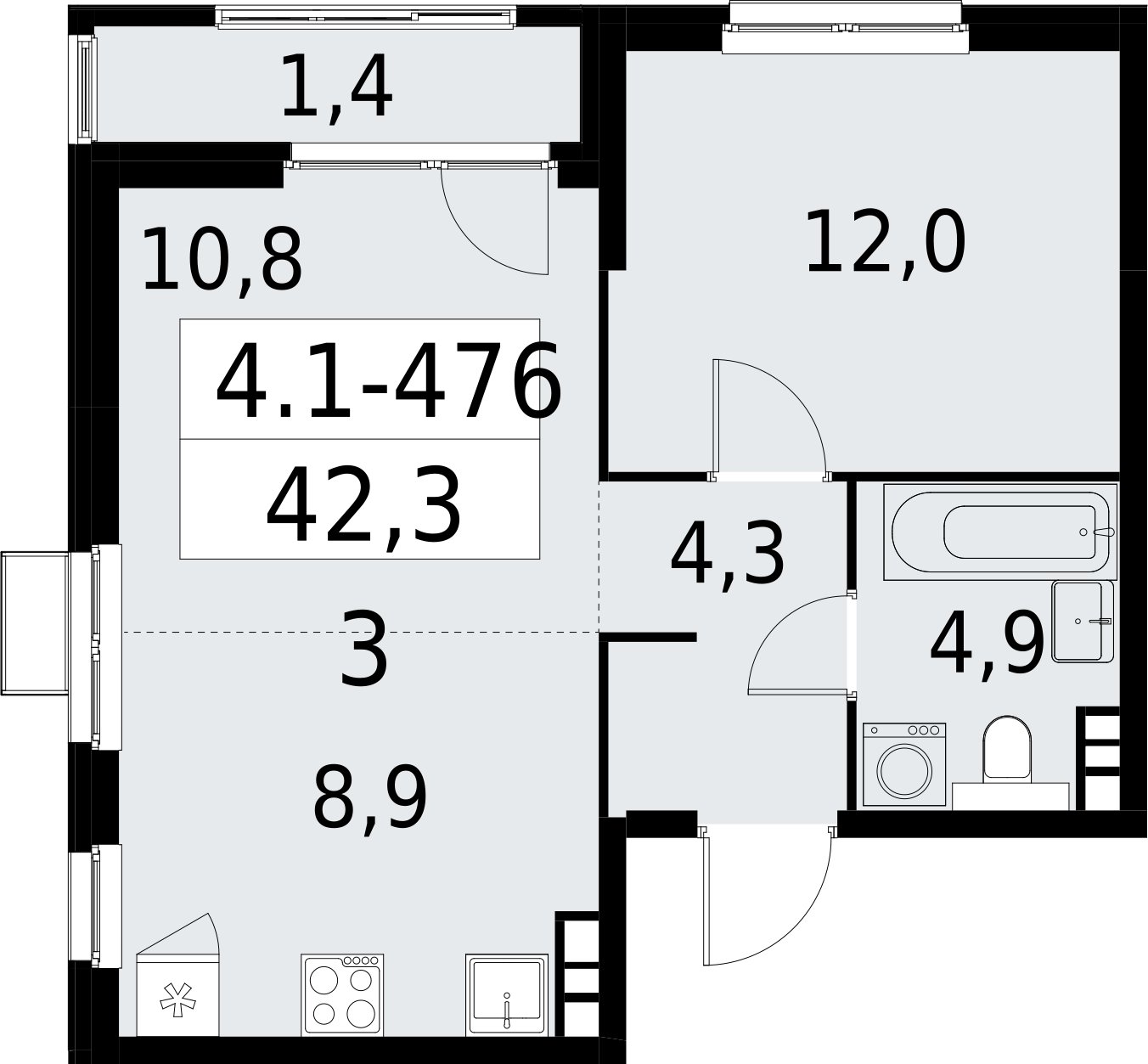 2-комнатная квартира (евро) с полной отделкой, 42.3 м2, 12 этаж, сдача 2 квартал 2027 г., ЖК Южные сады, корпус 4.1.2 - объявление 2392981 - фото №1
