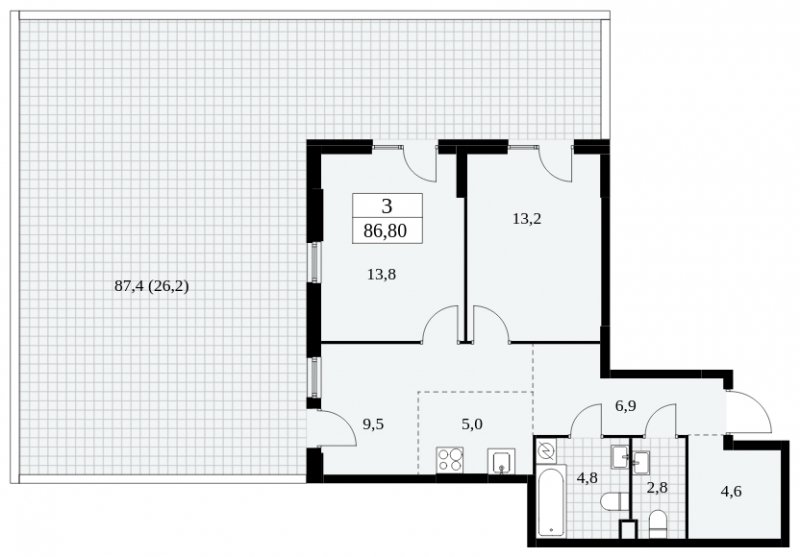 3-комнатная квартира (евро) с частичной отделкой, 86.8 м2, 2 этаж, сдача 2 квартал 2025 г., ЖК Южные сады, корпус 2.2 - объявление 2052289 - фото №1