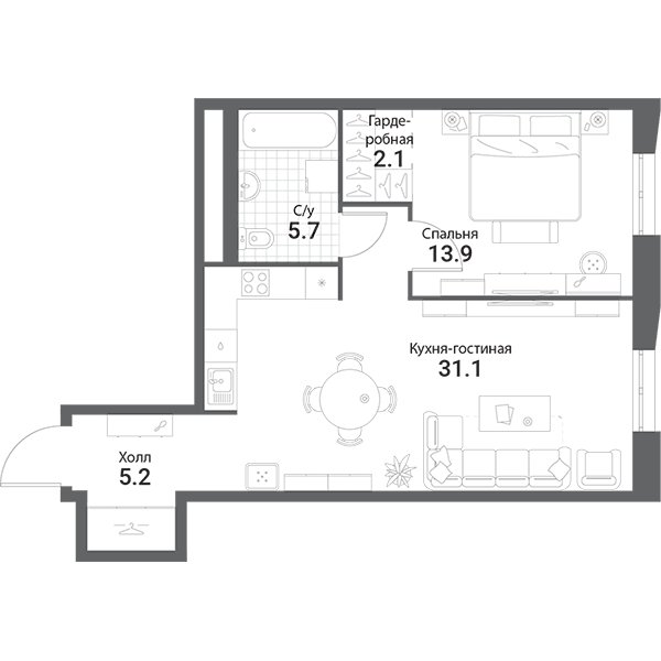 1-комнатная квартира без отделки, 58 м2, 18 этаж, дом сдан, ЖК Nagatino i-Land, корпус А1 - объявление 1983537 - фото №1