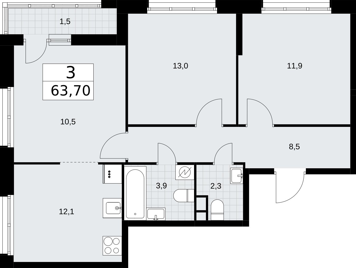 3-комнатная квартира без отделки, 63.7 м2, 3 этаж, сдача 3 квартал 2026 г., ЖК Родные кварталы, корпус 3.1 - объявление 2378318 - фото №1