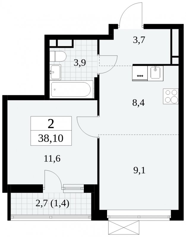 2-комнатная квартира (евро) с полной отделкой, 38.1 м2, 9 этаж, сдача 3 квартал 2024 г., ЖК Прокшино, корпус 6.4 - объявление 1663131 - фото №1