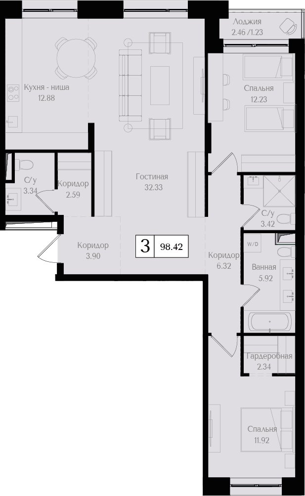 3-комнатная квартира без отделки, 98.42 м2, 2 этаж, сдача 3 квартал 2024 г., ЖК Преображенская площадь, корпус 2 - объявление 2287565 - фото №1