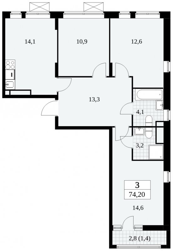 3-комнатная квартира без отделки, 74.2 м2, 11 этаж, сдача 3 квартал 2024 г., ЖК Прокшино, корпус 8.5 - объявление 1684448 - фото №1