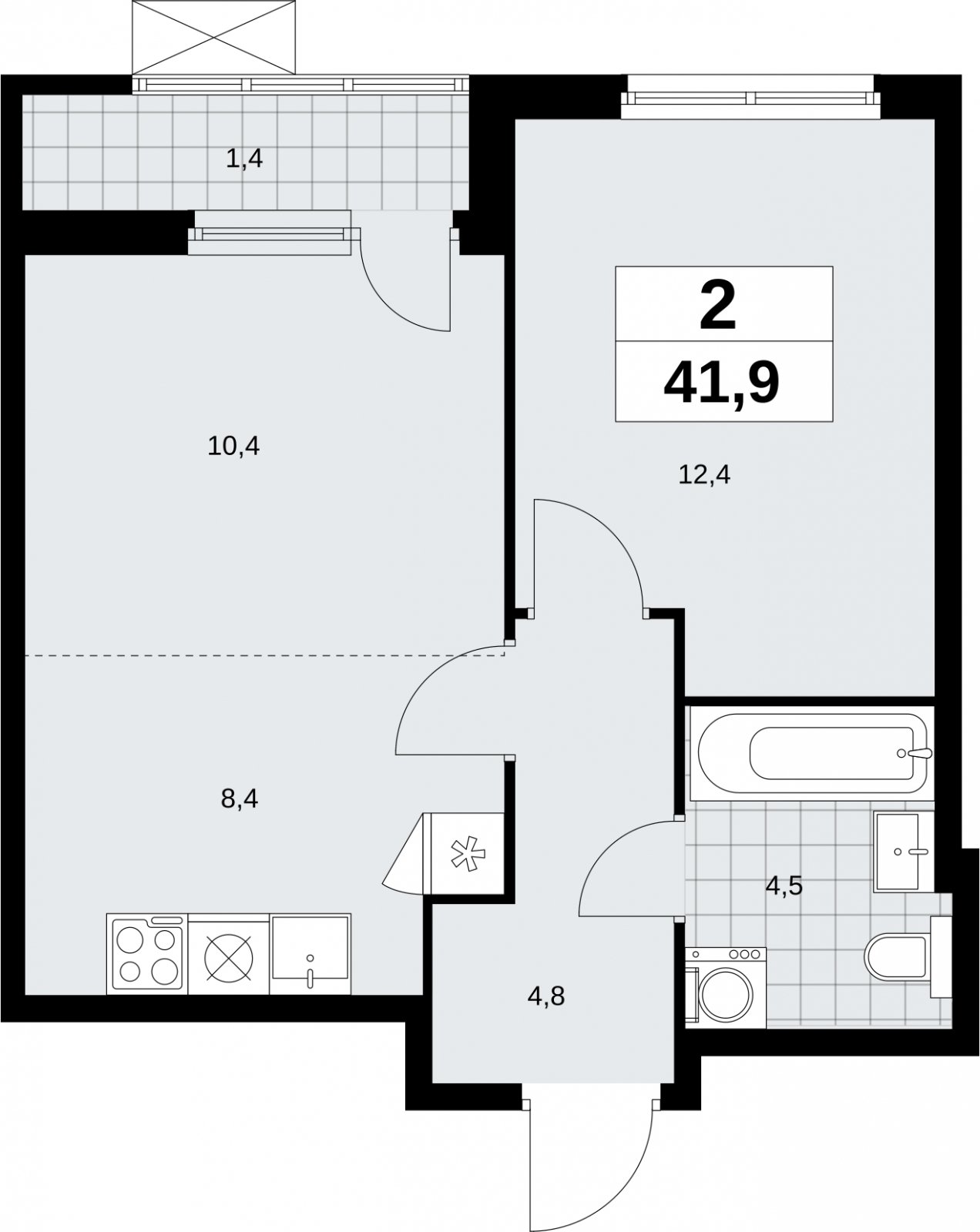 2-комнатная квартира (евро) без отделки, 41.9 м2, 2 этаж, сдача 1 квартал 2026 г., ЖК Дзен-кварталы, корпус 6.2.1 - объявление 2328567 - фото №1