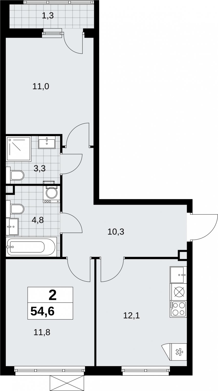 2-комнатная квартира без отделки, 54.6 м2, 2 этаж, сдача 2 квартал 2026 г., ЖК Дзен-кварталы, корпус 6.1.1 - объявление 2327021 - фото №1
