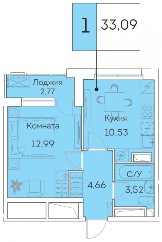 1-комнатная квартира с частичной отделкой, 33.09 м2, 22 этаж, сдача 3 квартал 2023 г., ЖК Аквилон BESIDE, корпус 1 - объявление 1419312 - фото №1