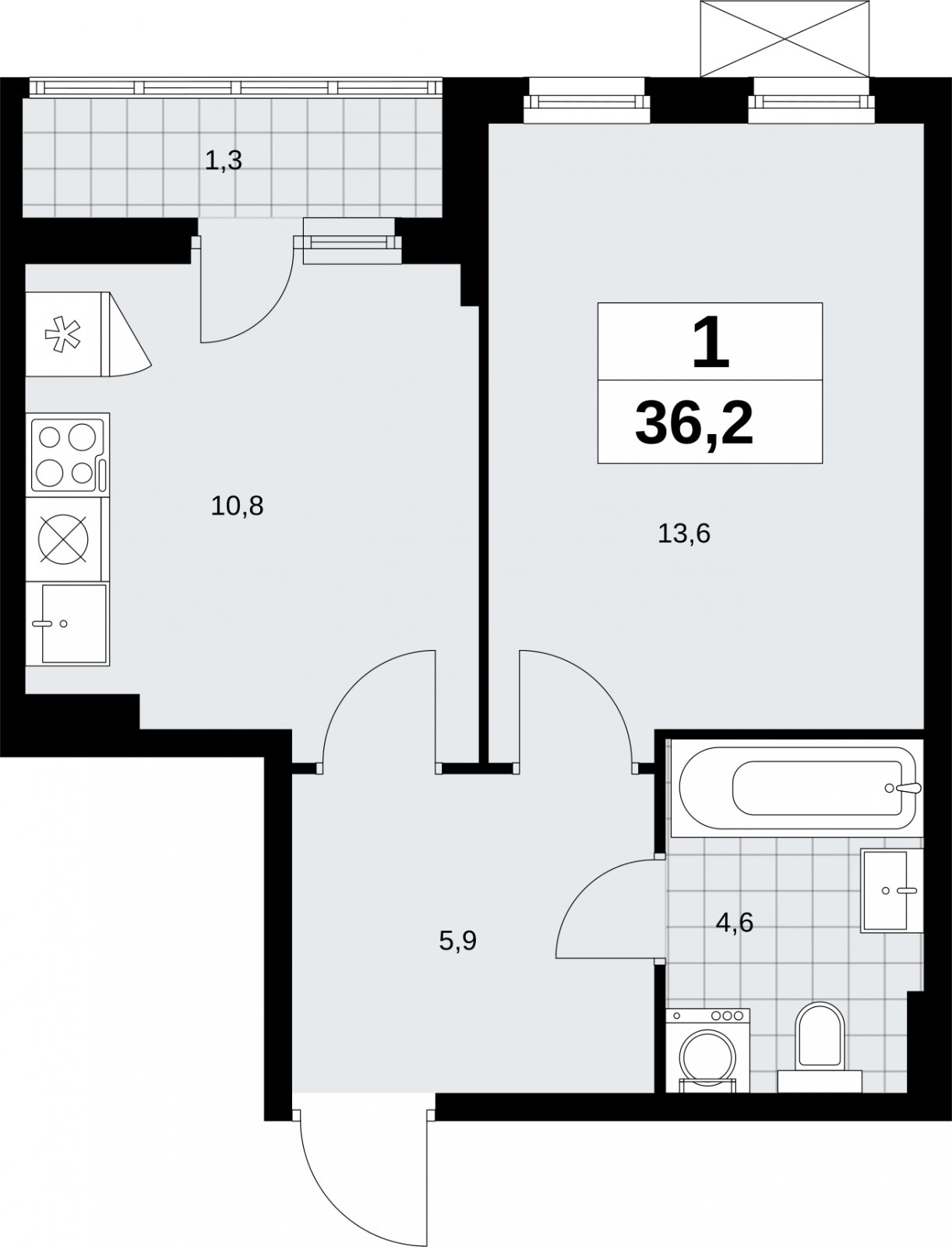 1-комнатная квартира без отделки, 36.2 м2, 6 этаж, сдача 2 квартал 2026 г., ЖК Дзен-кварталы, корпус 6.1.1 - объявление 2326965 - фото №1