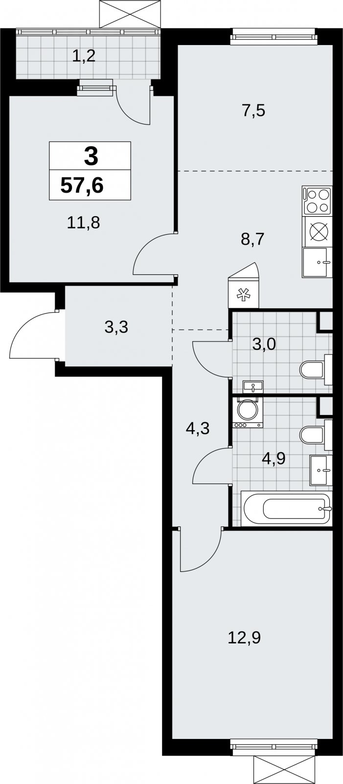 3-комнатная квартира (евро) с полной отделкой, 57.6 м2, 2 этаж, сдача 3 квартал 2026 г., ЖК Дзен-кварталы, корпус 6.1.3 - объявление 2327441 - фото №1