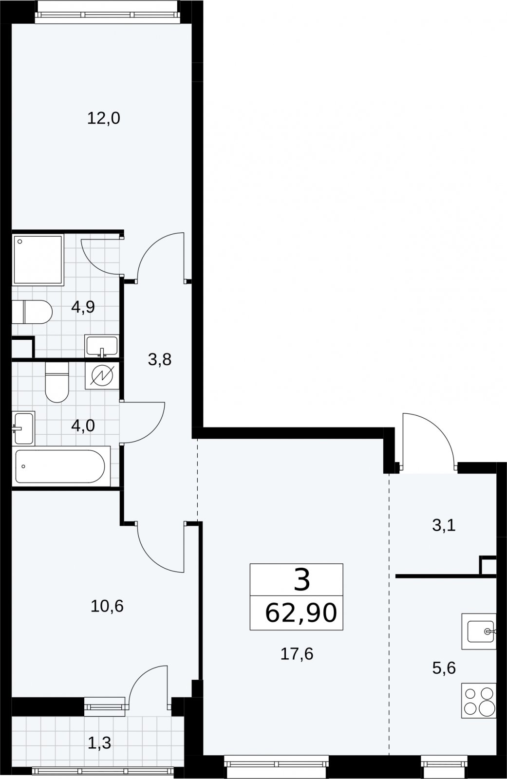 3-комнатная квартира (евро) с полной отделкой, 62.9 м2, 2 этаж, сдача 4 квартал 2026 г., ЖК Родные кварталы, корпус 1.2 - объявление 2317953 - фото №1
