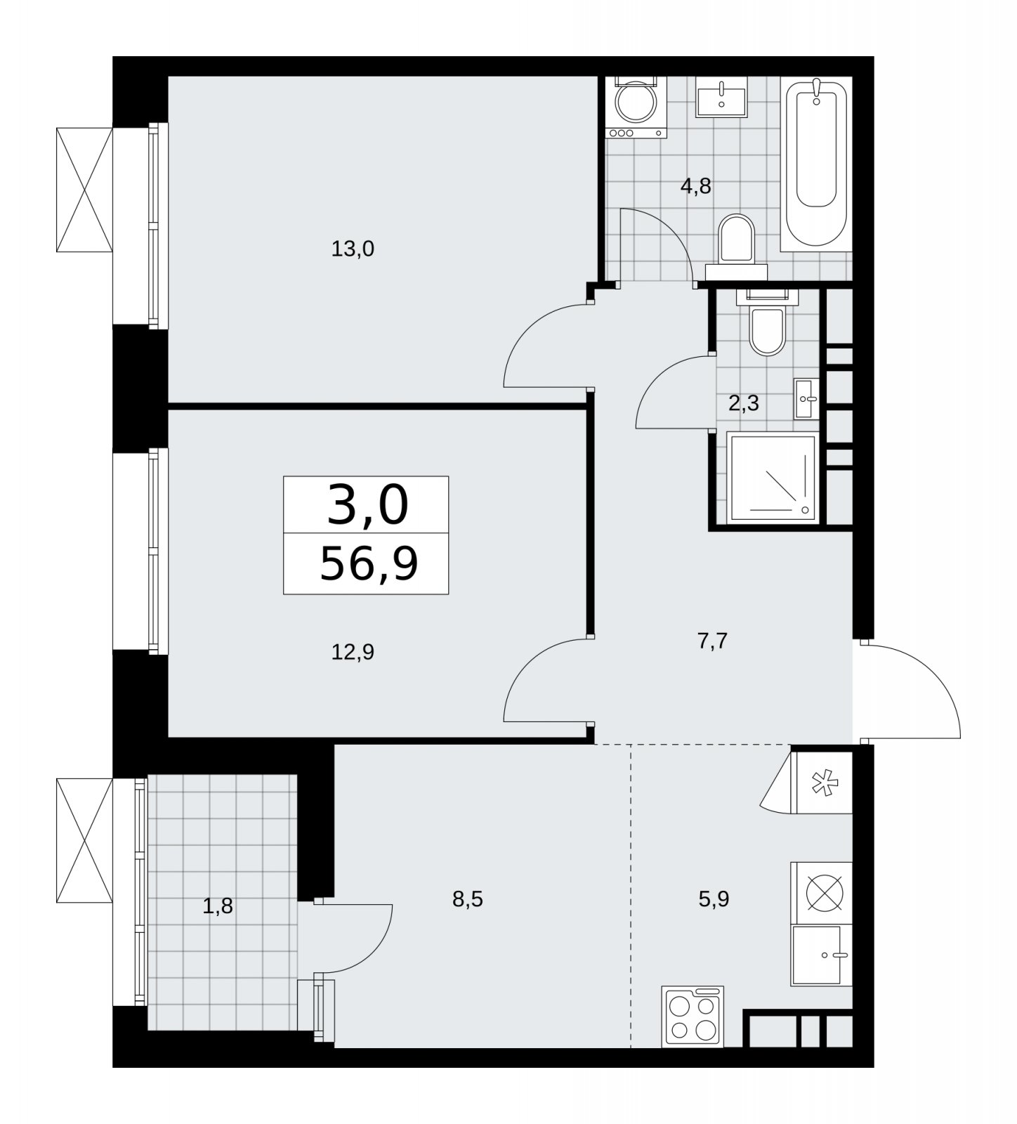 3-комнатная квартира (евро) с частичной отделкой, 56.9 м2, 20 этаж, сдача 1 квартал 2026 г., ЖК Бунинские кварталы, корпус 6.1 - объявление 2252519 - фото №1