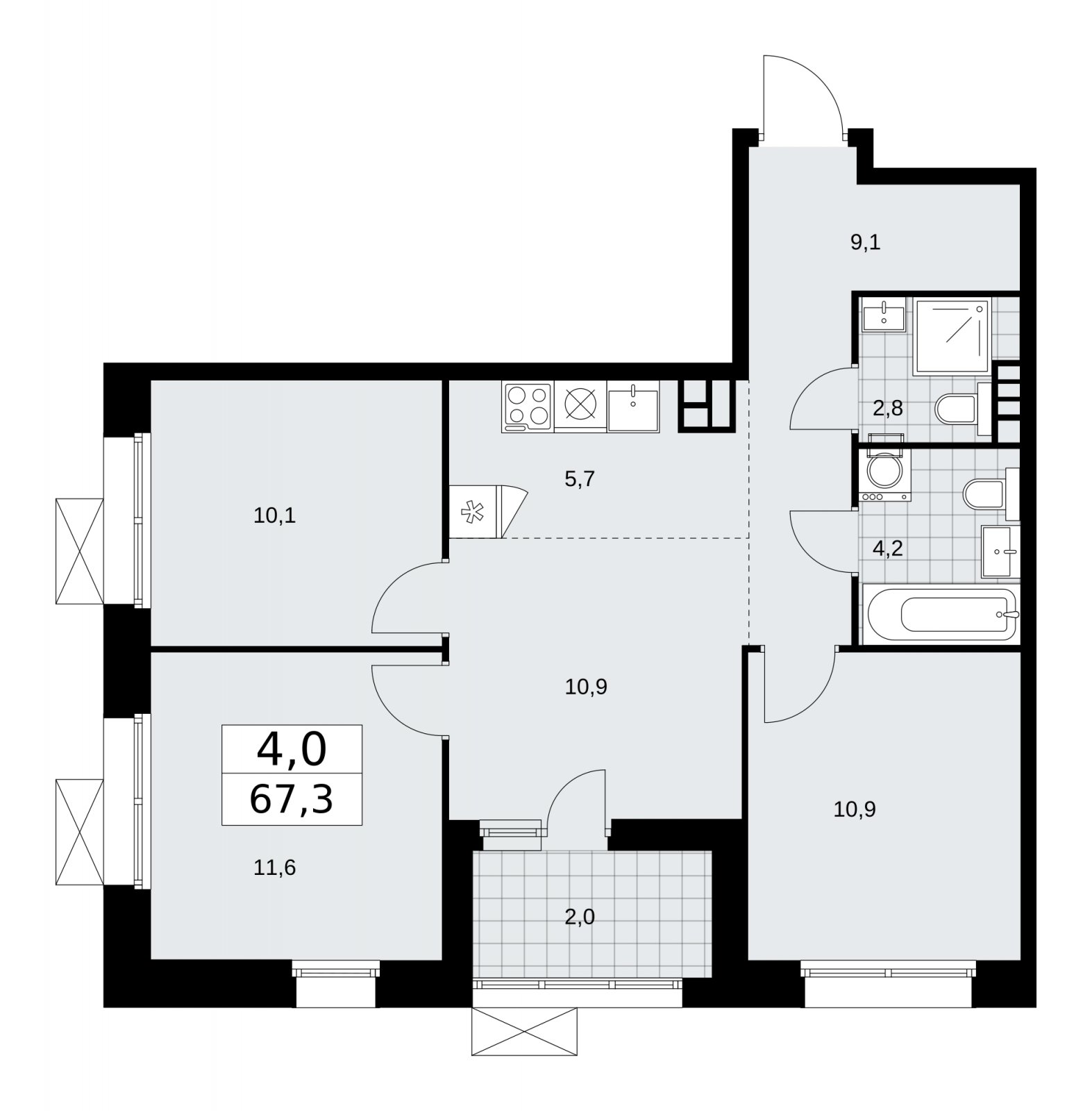 4-комнатная квартира (евро) с частичной отделкой, 67.3 м2, 5 этаж, сдача 1 квартал 2026 г., ЖК Бунинские кварталы, корпус 6.1 - объявление 2252377 - фото №1