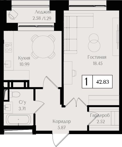 1-комнатная квартира без отделки, 43.52 м2, 11 этаж, сдача 3 квартал 2024 г., ЖК Преображенская площадь, корпус 1 - объявление 2266086 - фото №1