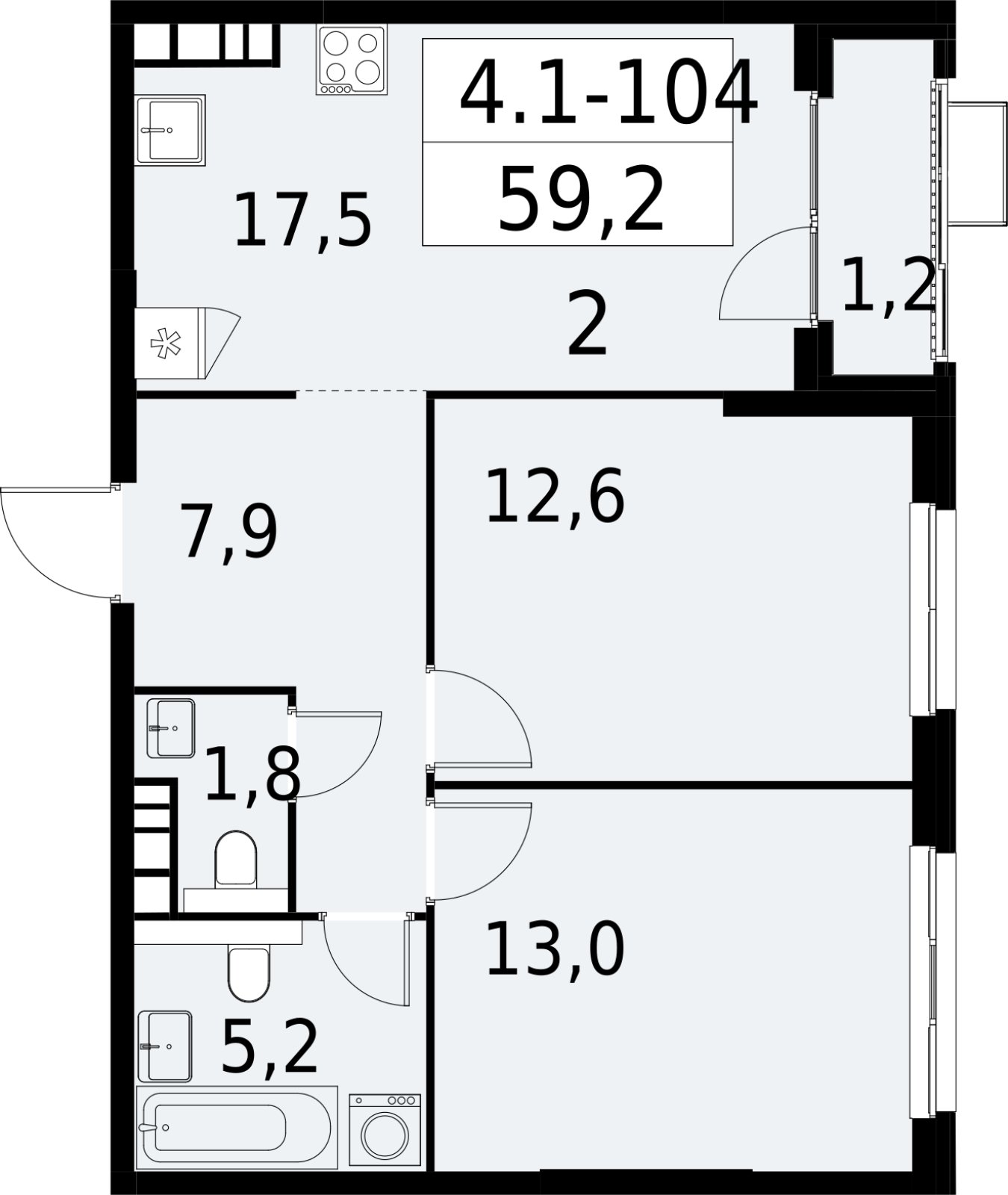 2-комнатная квартира с полной отделкой, 59.2 м2, 19 этаж, сдача 2 квартал 2027 г., ЖК Южные сады, корпус 4.1.1 - объявление 2392645 - фото №1