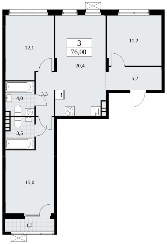 3-комнатная квартира без отделки, 76 м2, 5 этаж, сдача 1 квартал 2025 г., ЖК Дзен-кварталы, корпус 1.4 - объявление 1896085 - фото №1