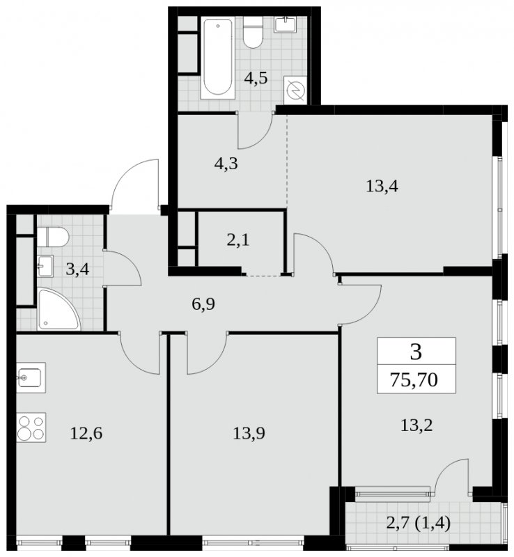 3-комнатная квартира без отделки, 75.7 м2, 22 этаж, сдача 2 квартал 2025 г., ЖК Южные сады, корпус 2.3 - объявление 1758250 - фото №1