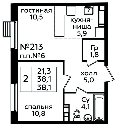 2-комнатная квартира (евро) с полной отделкой, 38.1 м2, 4 этаж, сдача 1 квартал 2025 г., ЖК Эко Бунино, корпус Я-10-11 - объявление 1903887 - фото №1