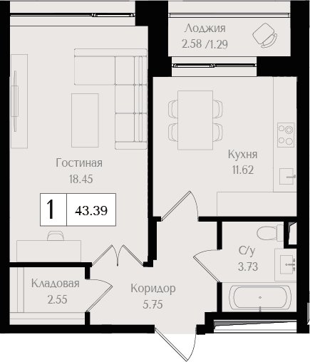 1-комнатная квартира без отделки, 43.39 м2, 2 этаж, сдача 3 квартал 2024 г., ЖК Преображенская площадь, корпус 1 - объявление 2408078 - фото №1