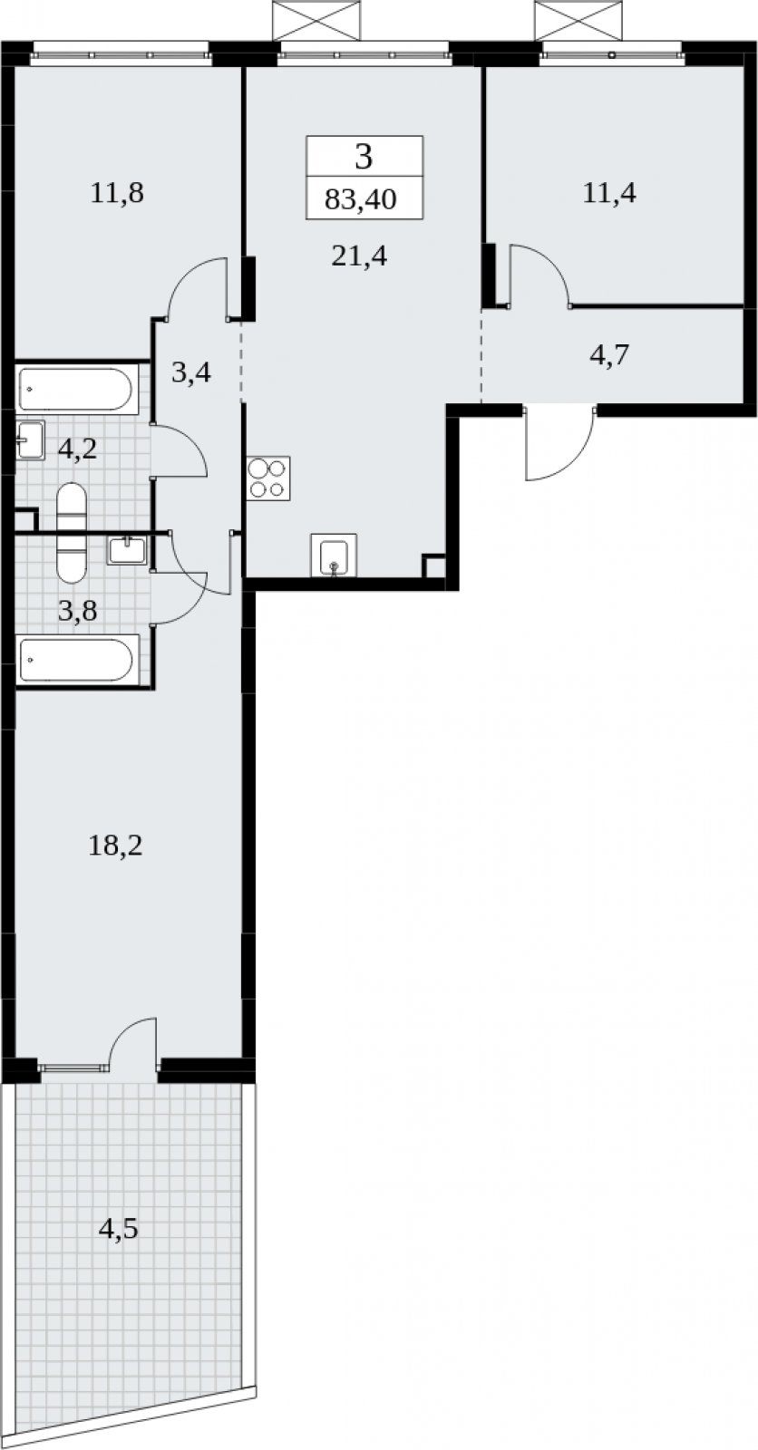 3-комнатная квартира с частичной отделкой, 83.4 м2, 2 этаж, сдача 4 квартал 2024 г., ЖК Скандинавия, корпус 35.1.4 - объявление 2052245 - фото №1