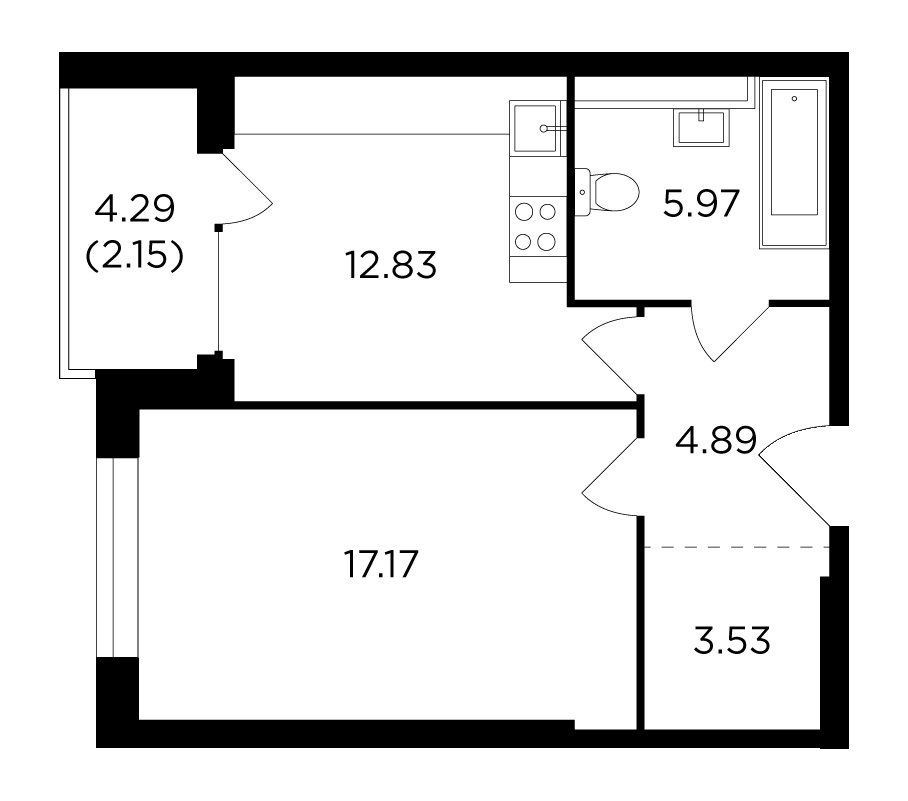 1-комнатная квартира без отделки, 46.54 м2, 3 этаж, дом сдан, ЖК RiverSky, корпус 3 - объявление 2385440 - фото №1