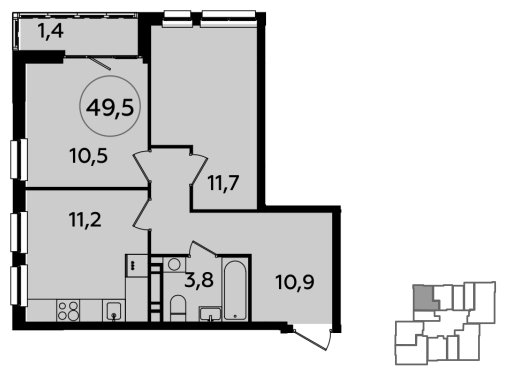 2-комнатная квартира без отделки, 49.5 м2, 22 этаж, сдача 1 квартал 2024 г., ЖК Южные сады, корпус 1.4 - объявление 1512620 - фото №1