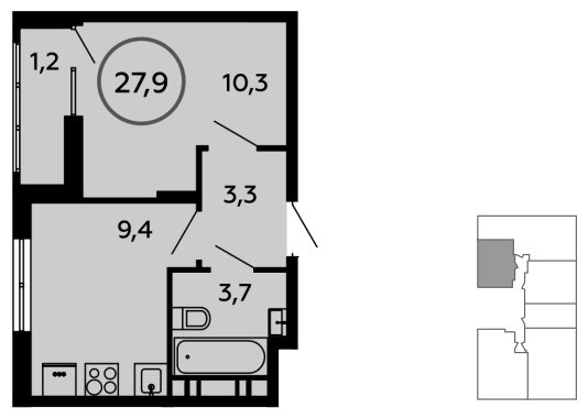1-комнатная квартира без отделки, 27.9 м2, 13 этаж, сдача 1 квартал 2023 г., ЖК Скандинавия, корпус 2.14.1 - объявление 1499298 - фото №1