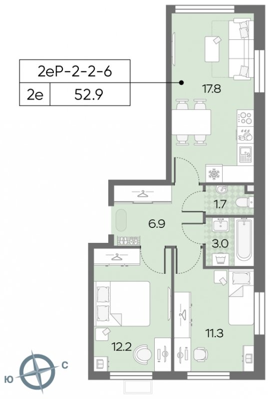 2-комнатная квартира с полной отделкой, 52.9 м2, 2 этаж, сдача 3 квартал 2024 г., ЖК Лучи, корпус 15 - объявление 1943597 - фото №1