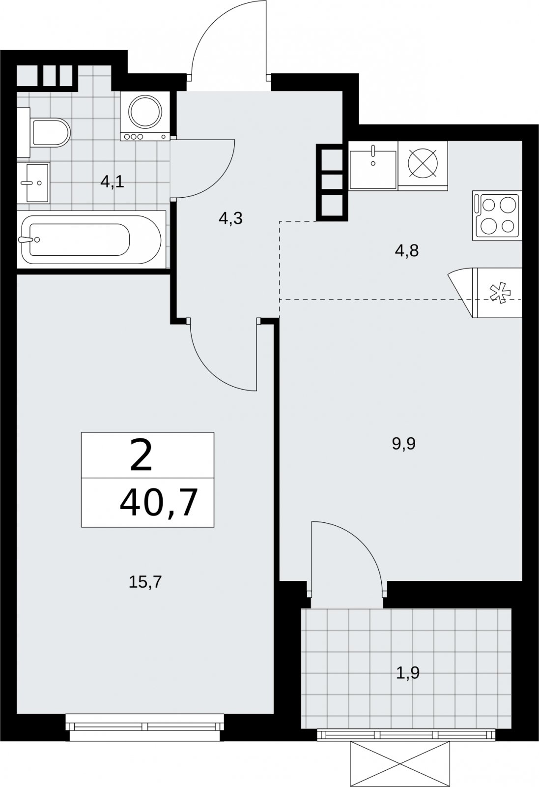 2-комнатная квартира (евро) без отделки, 40.7 м2, 8 этаж, сдача 2 квартал 2026 г., ЖК Бунинские кварталы, корпус 5.3 - объявление 2297555 - фото №1
