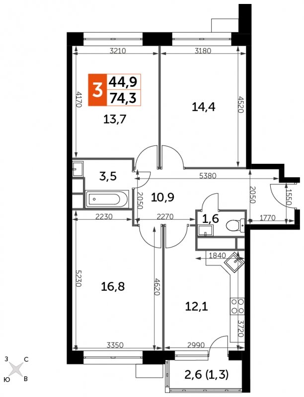 3-комнатная квартира без отделки, 74.3 м2, 7 этаж, сдача 4 квартал 2023 г., ЖК Датский квартал, корпус 2 - объявление 1695614 - фото №1