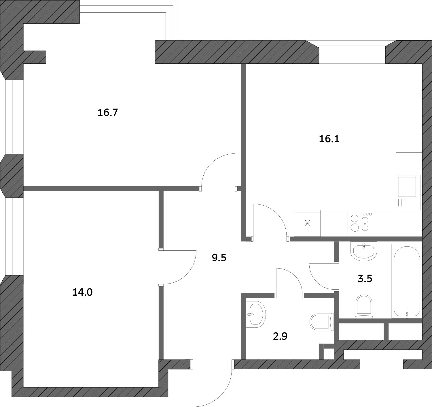 2-комнатная квартира без отделки, 62.5 м2, 11 этаж, дом сдан, ЖК Городские истории, корпус 2 - объявление 2407402 - фото №1