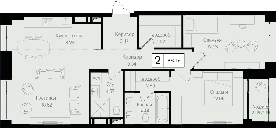 2-комнатная квартира без отделки, 78.17 м2, 8 этаж, сдача 3 квартал 2025 г., ЖК Преображенская площадь, корпус 3 - объявление 2279869 - фото №1
