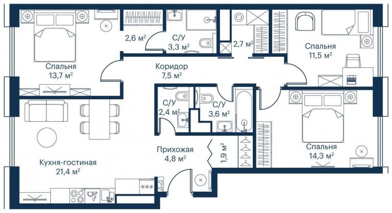 3-комнатная квартира с частичной отделкой, 89.82 м2, 7 этаж, сдача 2 квартал 2023 г., ЖК City Bay, корпус Indian Ocean 8 - объявление 1671598 - фото №1