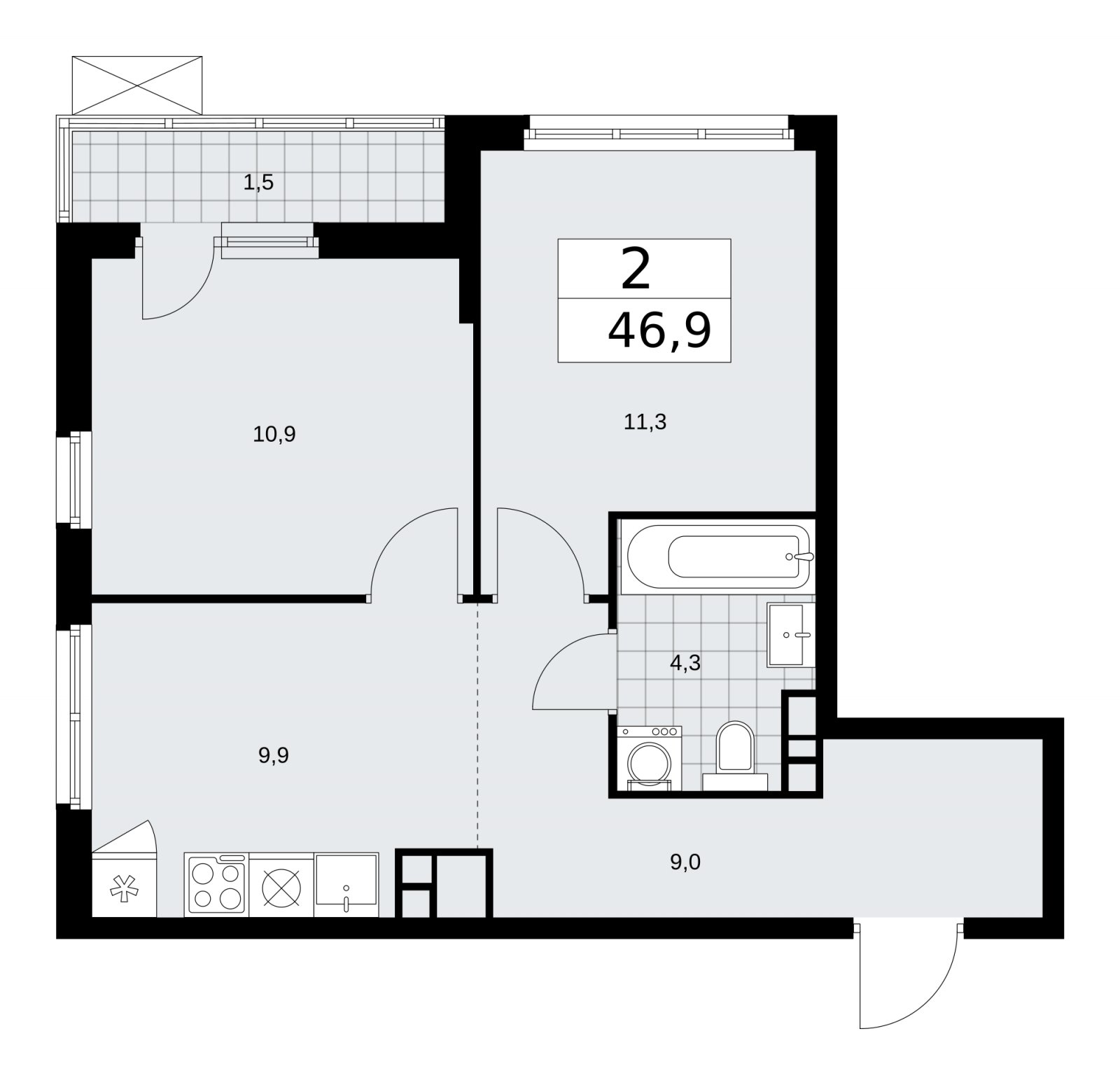 2-комнатная квартира с частичной отделкой, 46.9 м2, 12 этаж, сдача 1 квартал 2026 г., ЖК Прокшино, корпус 11.1.1 - объявление 2257108 - фото №1