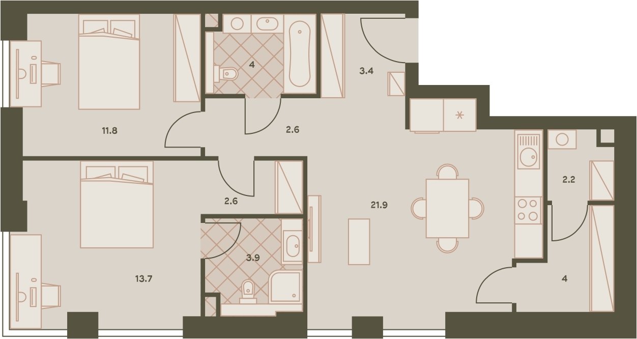 3-комнатная квартира с частичной отделкой, 70.8 м2, 9 этаж, сдача 3 квартал 2023 г., ЖК Eniteo, корпус 2 - объявление 2259033 - фото №1