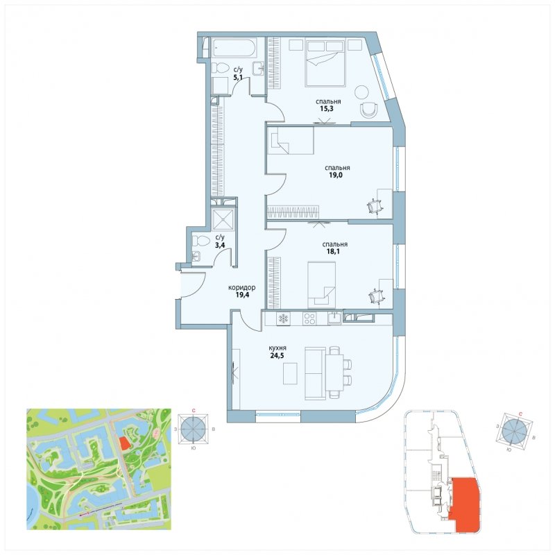 3-комнатная квартира без отделки, 104.8 м2, 7 этаж, сдача 2 квартал 2023 г., ЖК Символ, корпус 23 (квартал "Искренность") - объявление 1750157 - фото №1