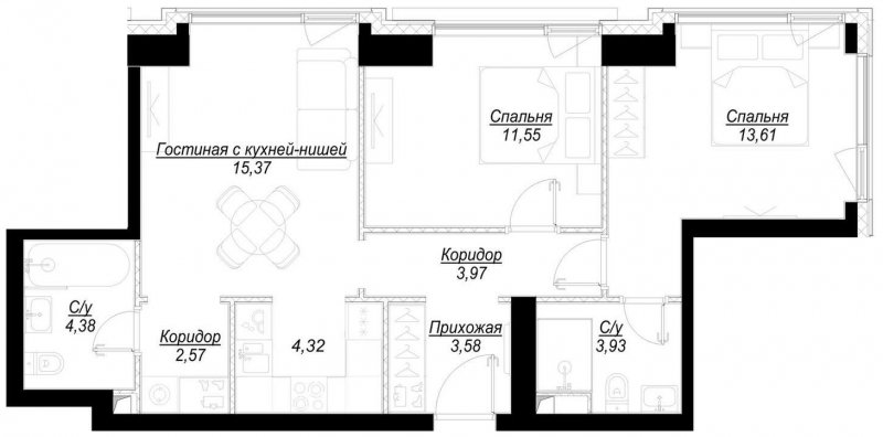 2-комнатная квартира с частичной отделкой, 63.3 м2, 10 этаж, сдача 1 квартал 2023 г., ЖК Hide, корпус RiverSide - объявление 1707079 - фото №1