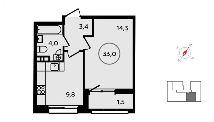 1-комнатная квартира без отделки, 33 м2, 3 этаж, сдача 3 квартал 2024 г., ЖК Скандинавия, корпус 2.22.2 - объявление 1625423 - фото №1