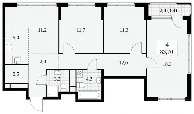 4-комнатная квартира (евро) без отделки, 83.7 м2, 16 этаж, сдача 2 квартал 2025 г., ЖК Южные сады, корпус 2.4 - объявление 1760258 - фото №1