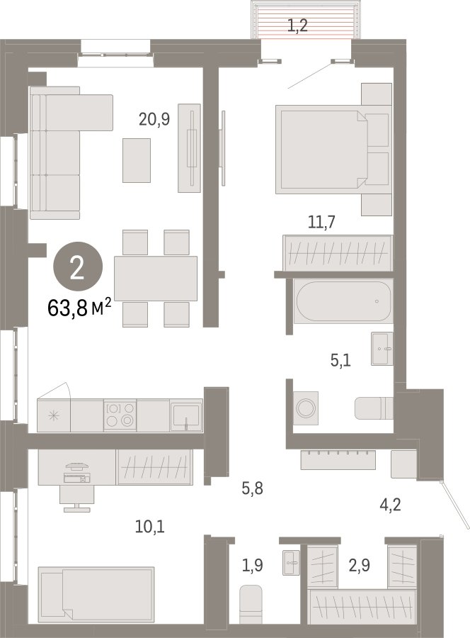 2-комнатная квартира с частичной отделкой, 63.8 м2, 15 этаж, сдача 3 квартал 2026 г., ЖК Квартал Метроном, корпус 1 - объявление 2300625 - фото №1