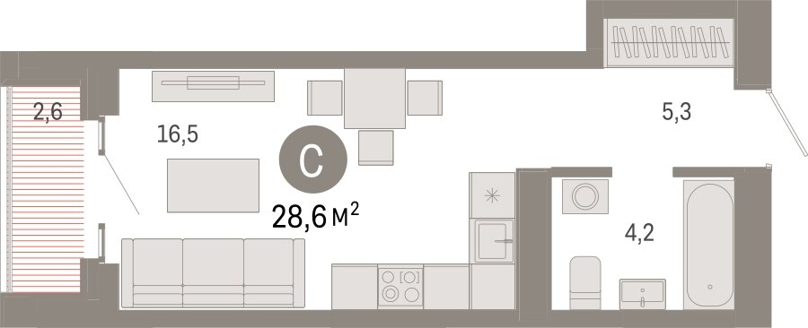 Студия с частичной отделкой, 28.6 м2, 14 этаж, сдача 3 квартал 2026 г., ЖК Квартал Метроном, корпус 1 - объявление 2300679 - фото №1