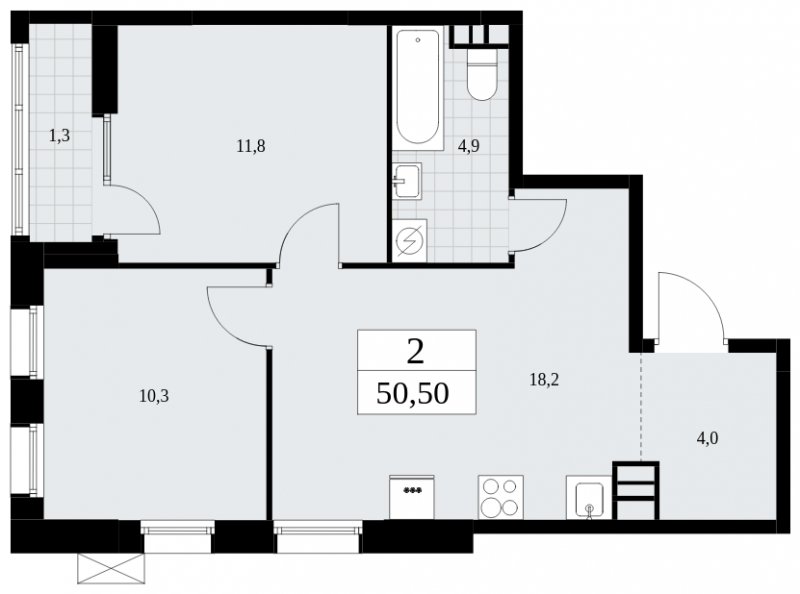 2-комнатная квартира без отделки, 50.5 м2, 4 этаж, сдача 1 квартал 2025 г., ЖК Дзен-кварталы, корпус 1.3 - объявление 1895826 - фото №1